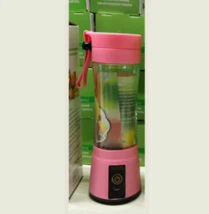 Portable USB rechargeable blender with six blades in blue colour showing 380ml measurement markings