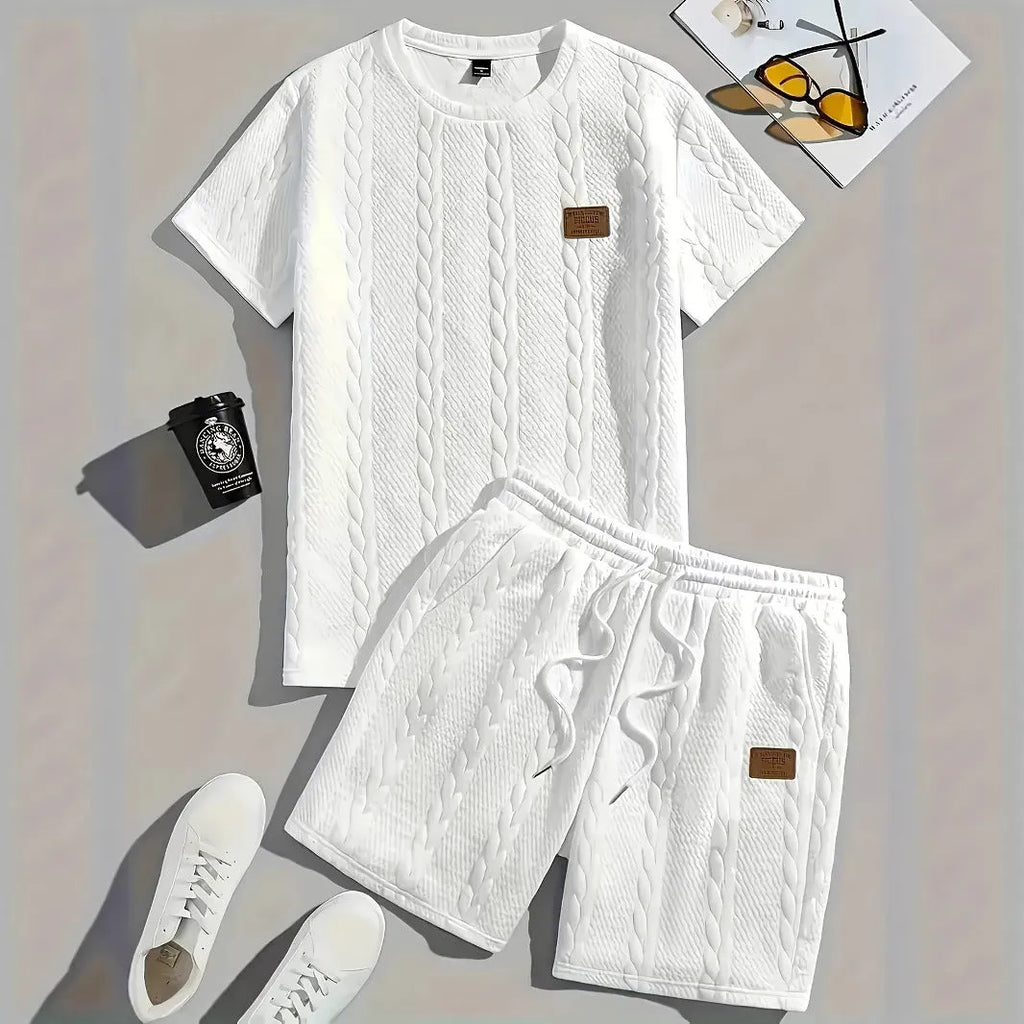 Men's black solid colour ribbed short sleeve T-shirt and matching shorts sports set