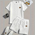Men's black solid colour ribbed short sleeve T-shirt and matching shorts sports set