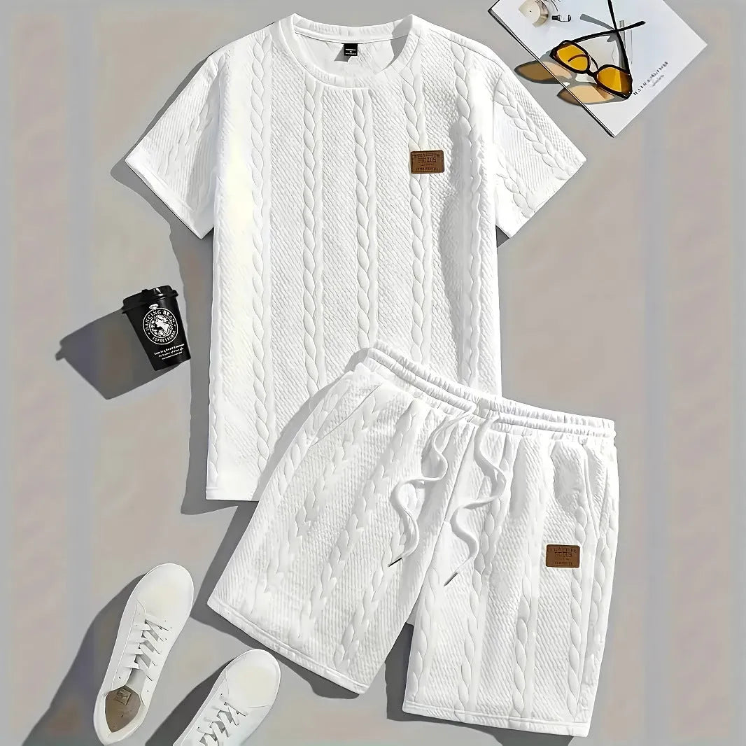 Men's black solid colour ribbed short sleeve T-shirt and matching shorts sports set