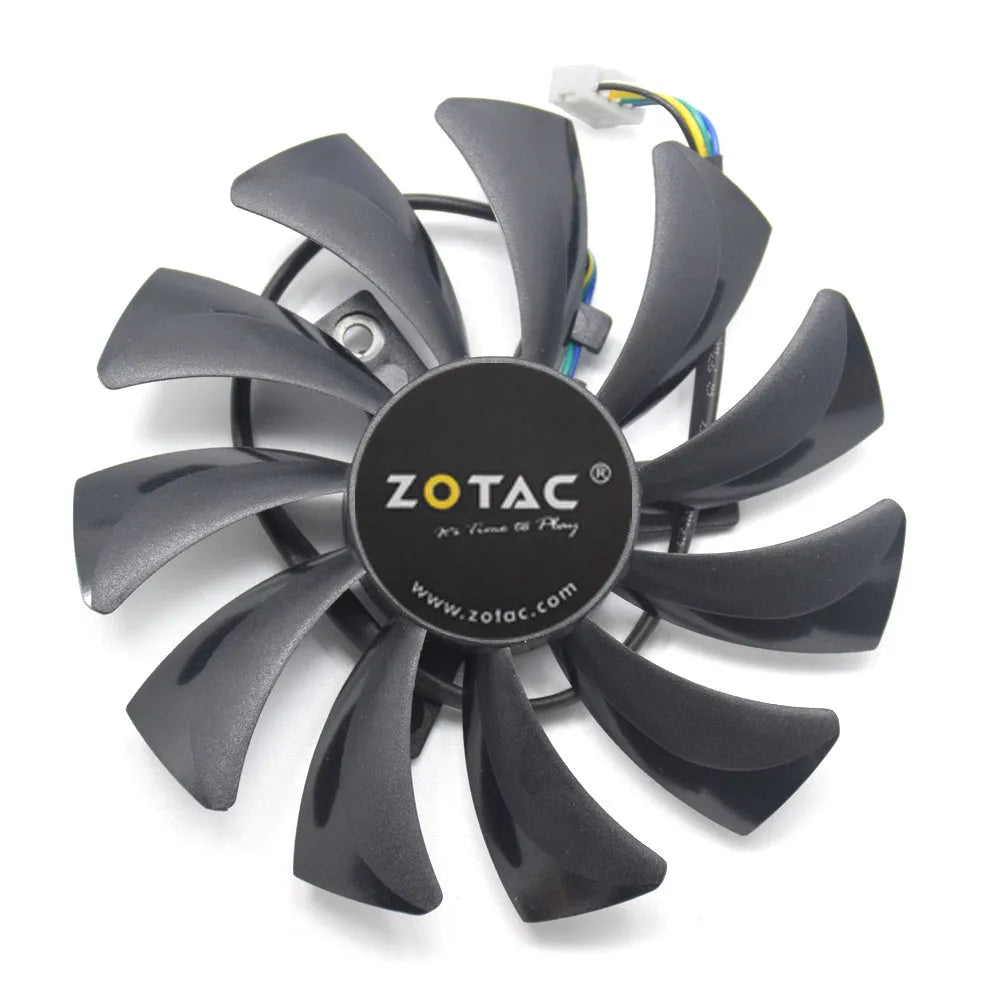 Black square 85mm computer cooling fan with four blades and a 4-pin power cable connector