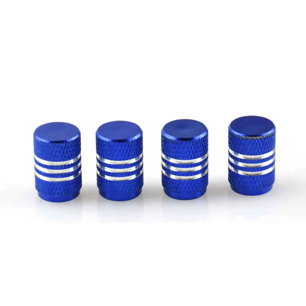 Set of aluminium alloy colour car tyre valve caps in various colours including red, blue, silver, and gold