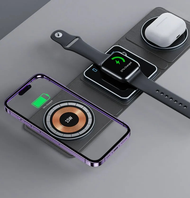 Black transparent Magsafe three-in-one magnetic wireless charging station with TYPE-C interface