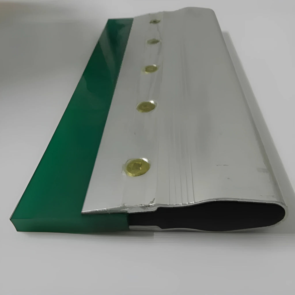 Green aluminium alloy squeegee with a 50cm long metal handle and 10cm wide blade.
