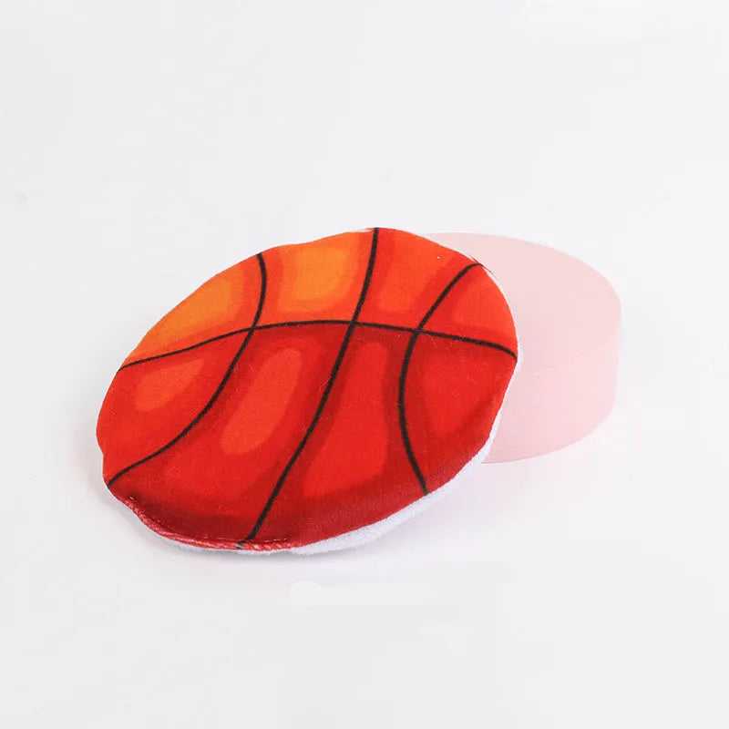 Soft plush cat toy with sports ball pattern, functioning as a flying disc with internal catnip and crinkle sound