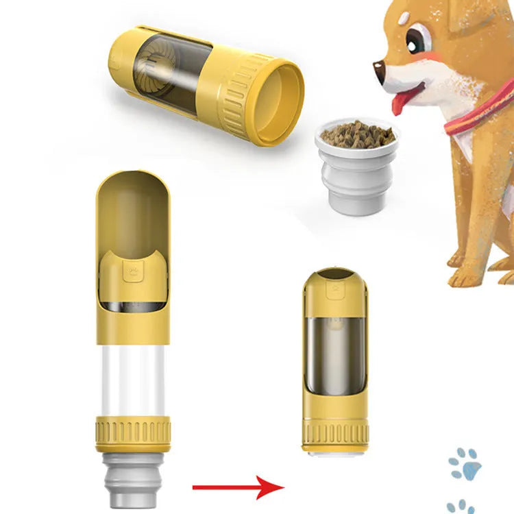 Portable dog water bottle with integrated drinking bowl in dark blue, white, or yellow
