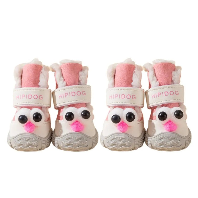 Brown winter dog shoe with thick cotton upper and anti-slip rubber sole on snow