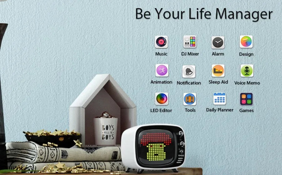 Portable Bluetooth speaker and alarm clock unit in one of six colour options: black, blue, green, pink, red, or white.
