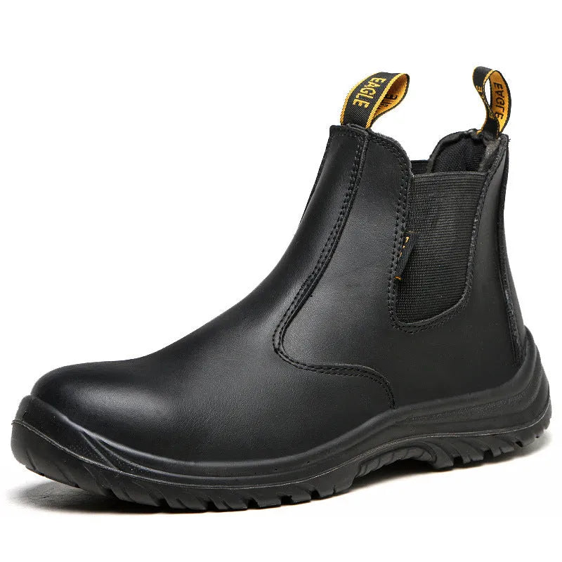 Black leather high-top safety work shoes with anti-piercing protection feature