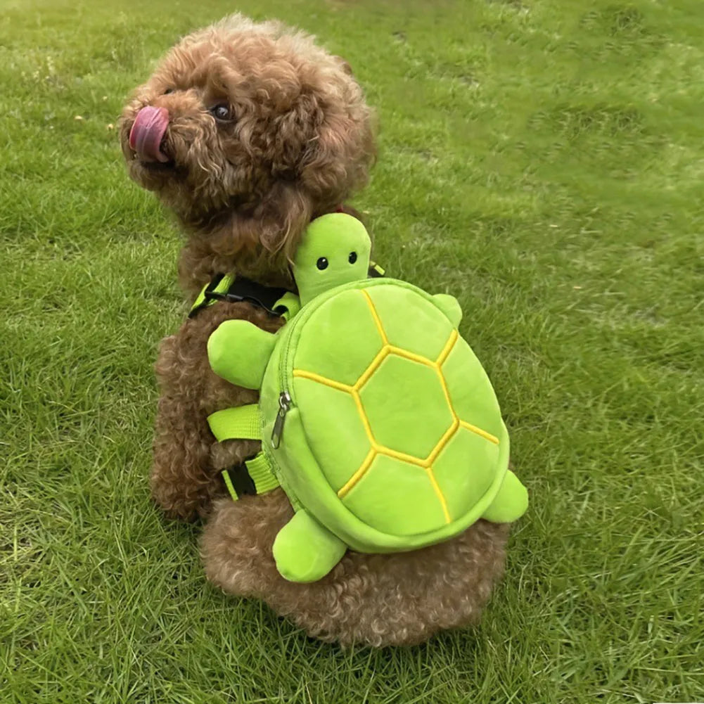 Cartoon turtle shape dog backpack with harness, brown colour, showing metal zipper and storage compartment