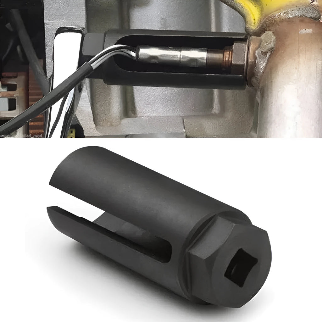 Black chromium vanadium steel oxygen sensor sleeve tool with 22mm hexagonal socket opening.