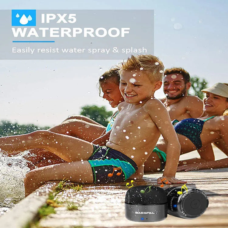 Black waterproof mini portable Bluetooth speaker with control buttons.