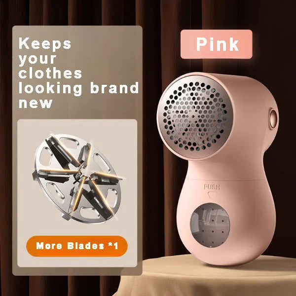 White electric lint remover with LED display showing fabric shaver dimensions