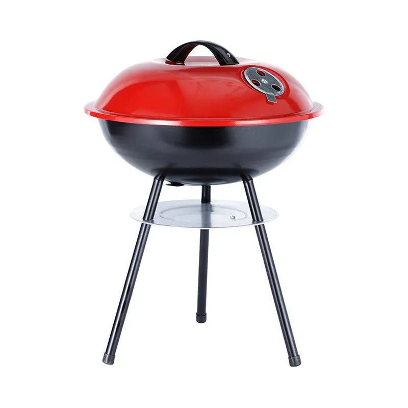 Portable 14-inch iron barbecue grill with Apple stove minimalist design on a patio.