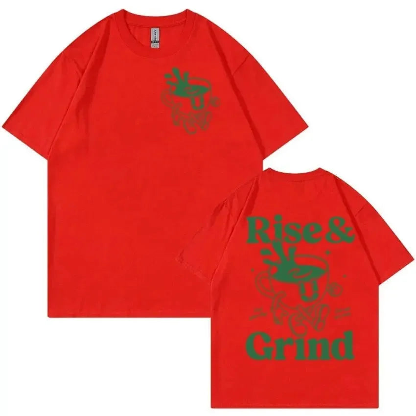 Man's loose-fit linen-blend t-shirt with Rise And Grind green coffee cartoon print