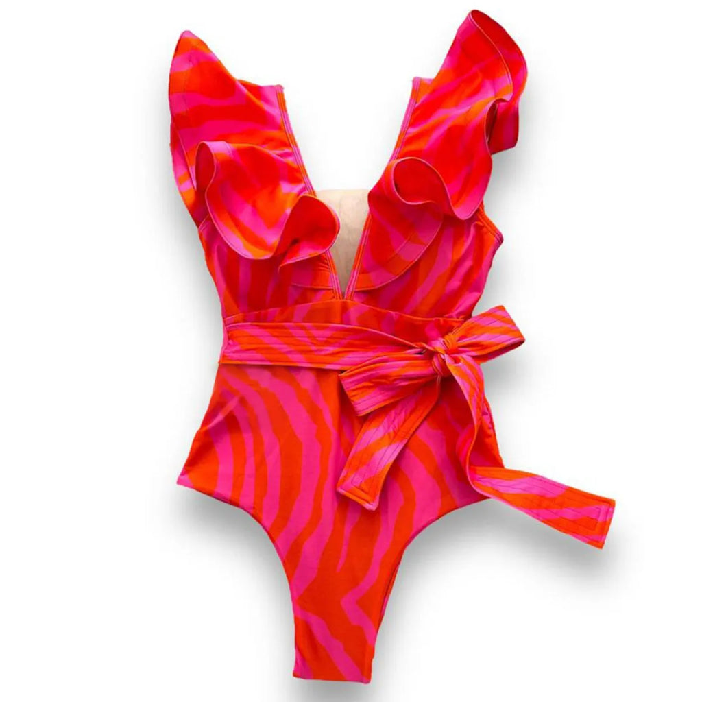 Women's printed one-piece swimsuit with ruffles on both shoulders and mesh stitching on the deep V-neck.