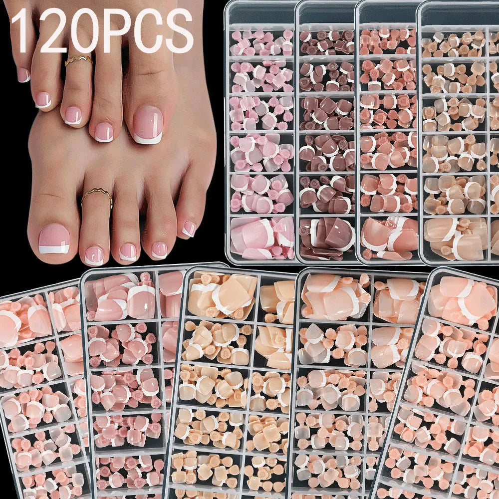 Box of 120 French white edge full square short toe nail tips in assorted nude colours
