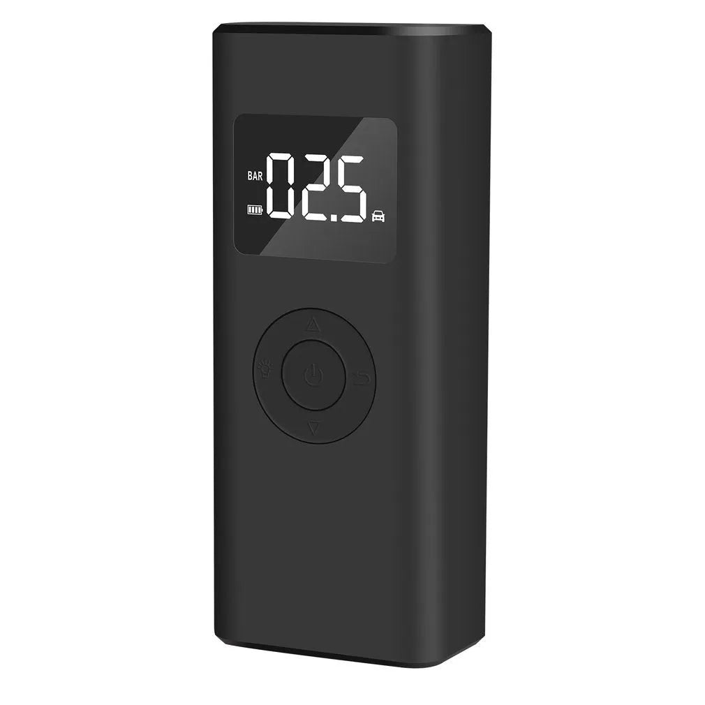 Portable 2500mAh wireless electric air pump with emergency light and USB-A output in black ABS housing