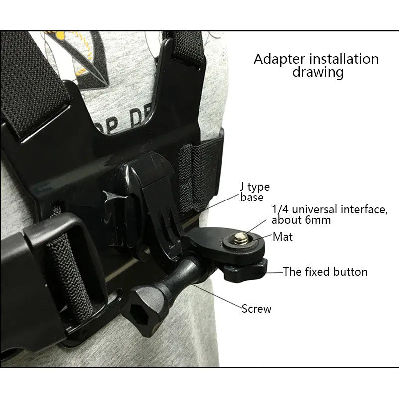 Black mobile phone chest mount harness on torso with adjustable straps and phone clip