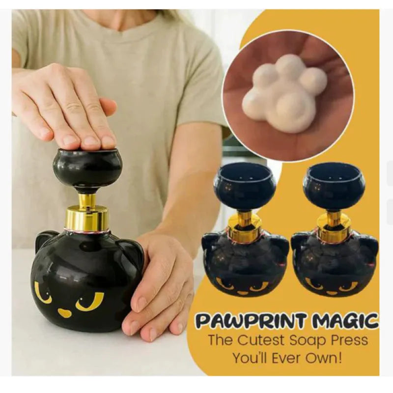 Black cat-shaped plastic soap dispenser with cartoon decoration