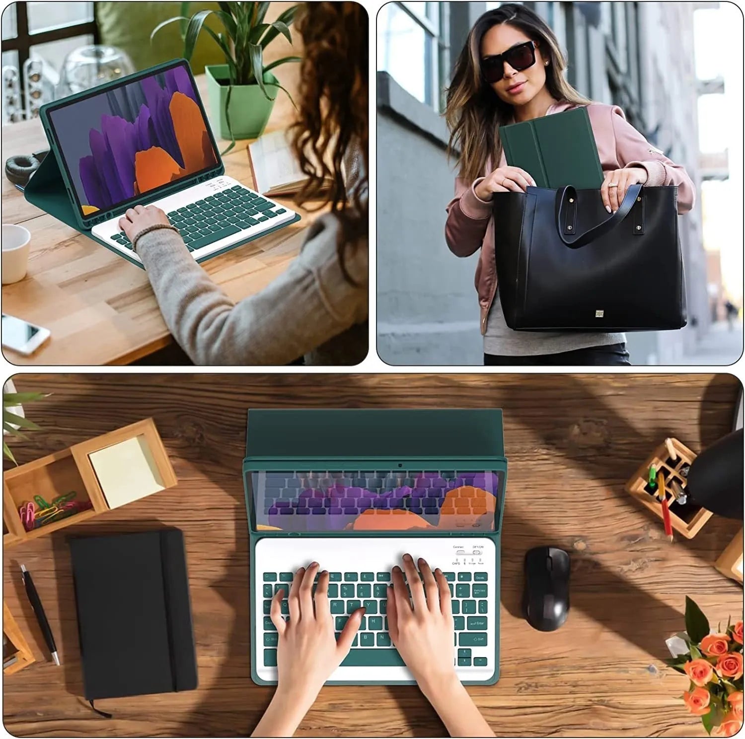 Samsung Galaxy tablet inside a black leather-style TPU case with a Bluetooth keyboard and charging mouse.