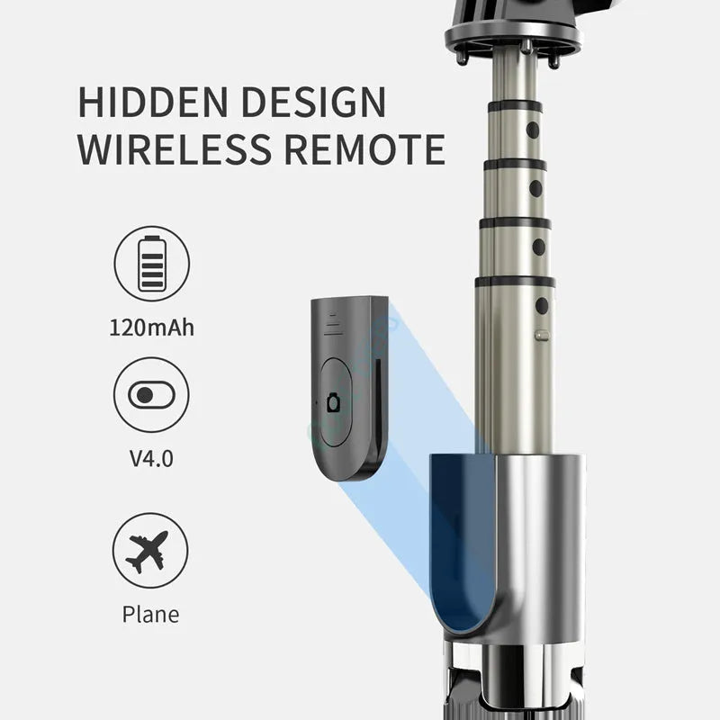 Black aluminium alloy iPhone tripod selfie stick fully extended to 700mm next to a smartphone.