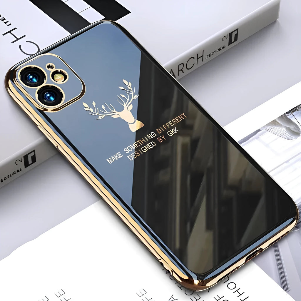 Black TPU phone case with full camera lens coverage for iPhone models on a solid background.