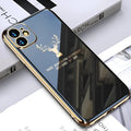 Black TPU phone case with full camera lens coverage for iPhone models on a solid background.