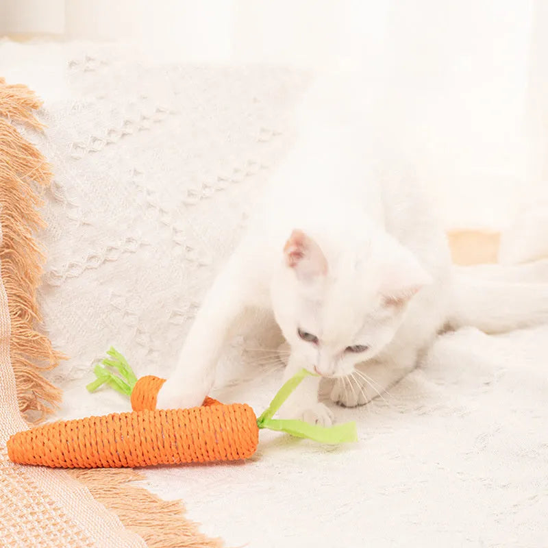 Set of interactive cat toys including carrot bites, paper toys with stones, and grinding sticks in S and L sizes