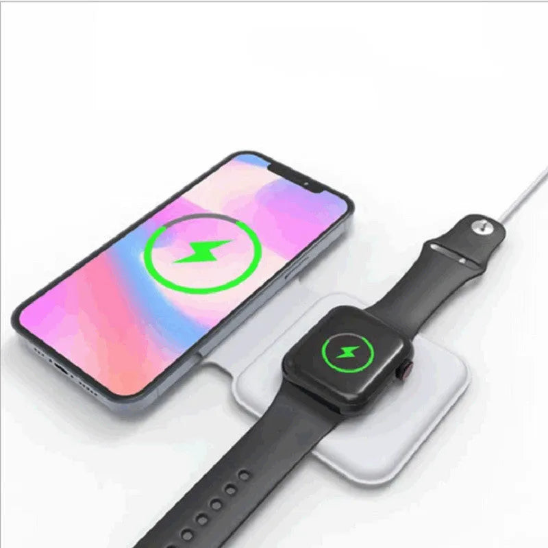 White foldable dual magnetic wireless charging dock showing 15W QI fast charging for two phones.
