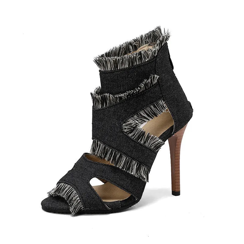 Women's plus size denim high heel sandals in leopard print and plaid patterns