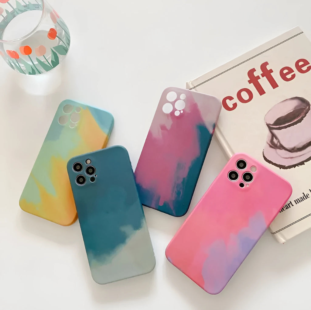 Abstract oil painting gradient geometric pattern on a soft blue silicone case for Apple iPhone.
