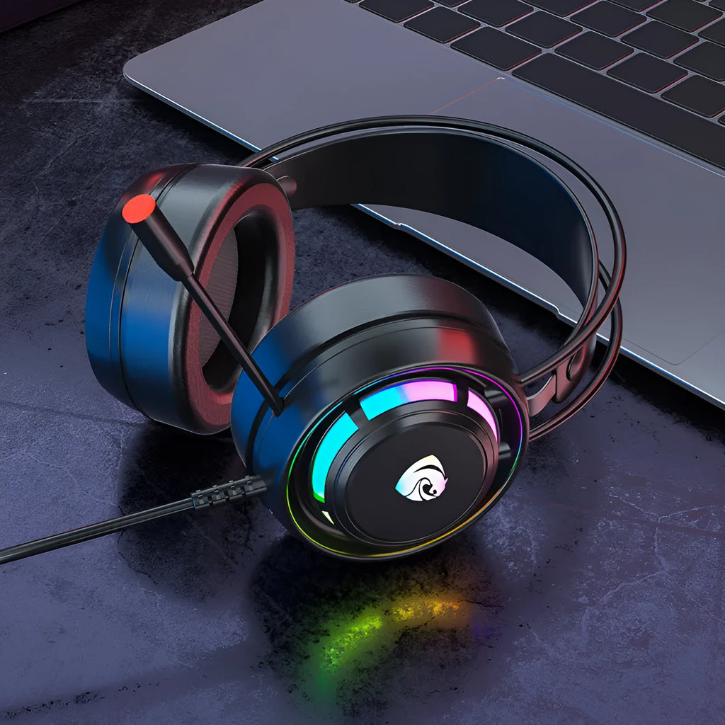 Black wired computer headset with microphone, large 50mm earcups, and a long cable.
