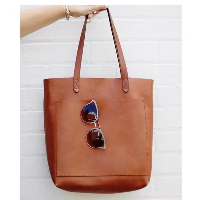 Medium genuine leather tote bag square vertical shape double shoulder straps retro sewing line black or brown