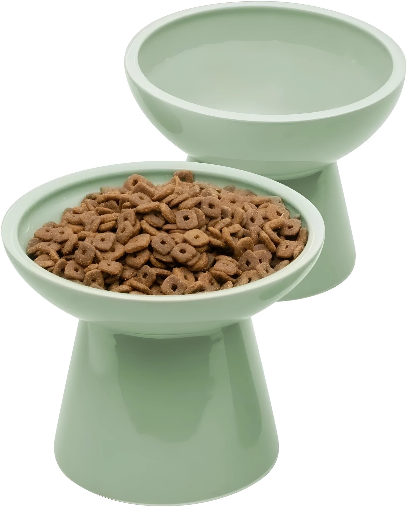 Ceramic elevated cat bowl in blue with wide shallow design for whisker fatigue relief