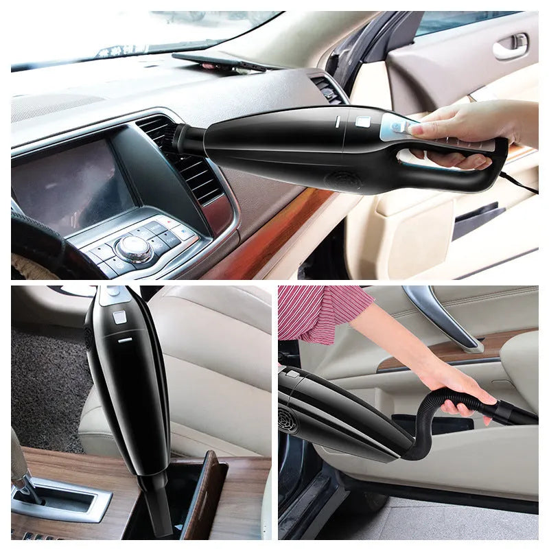Black and orange handheld car vacuum cleaner with 12V power cord for cigarette lighter socket.