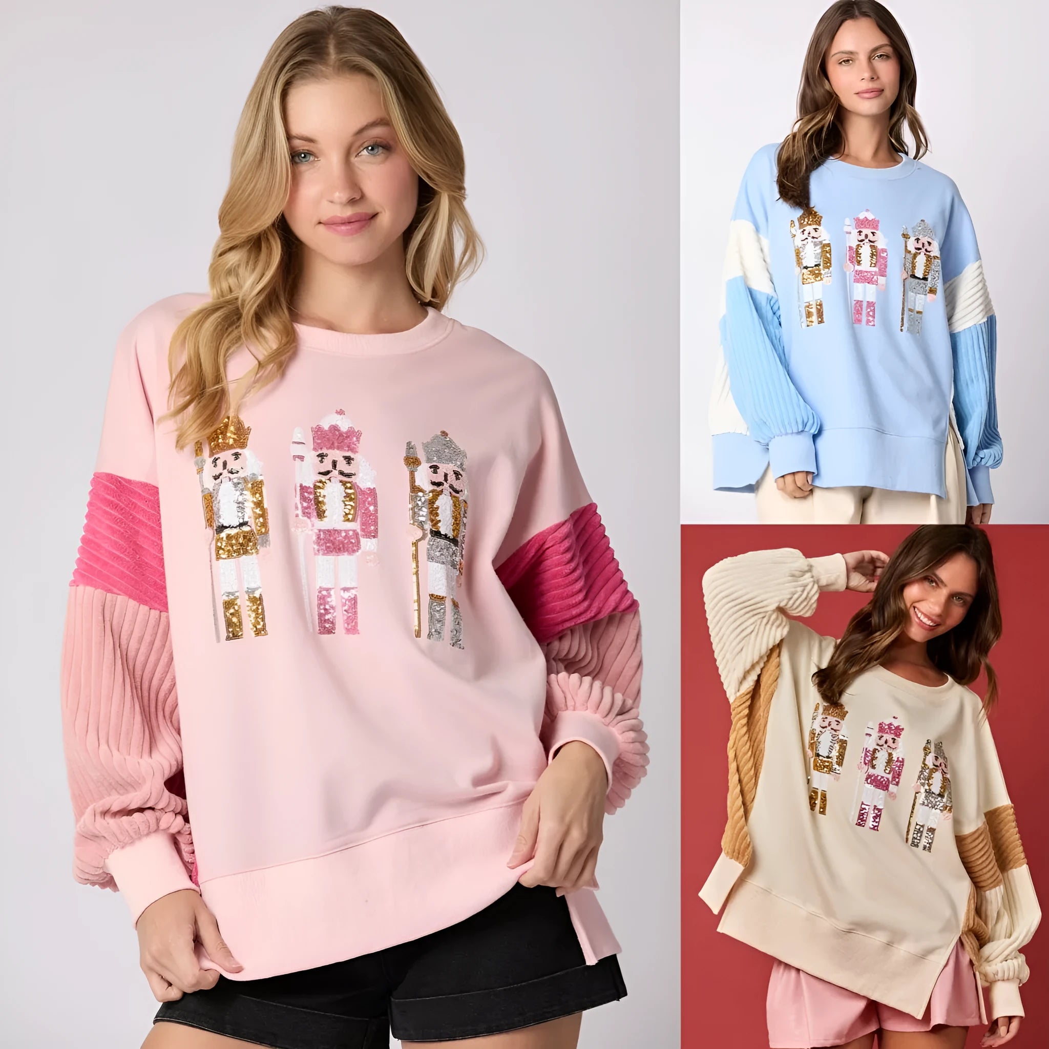 Women's Christmas soldier sequins hoodie pullover in sky blue with loose fit and long sleeves