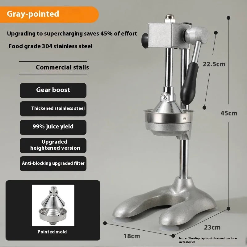 Vertical stainless steel manual juicer in five colour options with three tip style choices