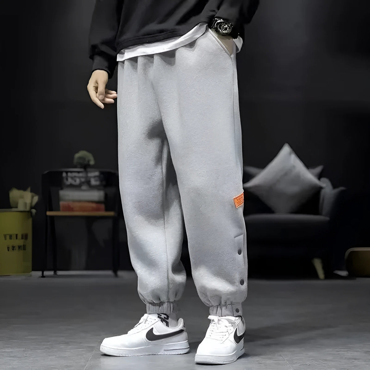 Cotton blend velvet padded skinny ankle strap casual trousers in black, autumn winter sportswear