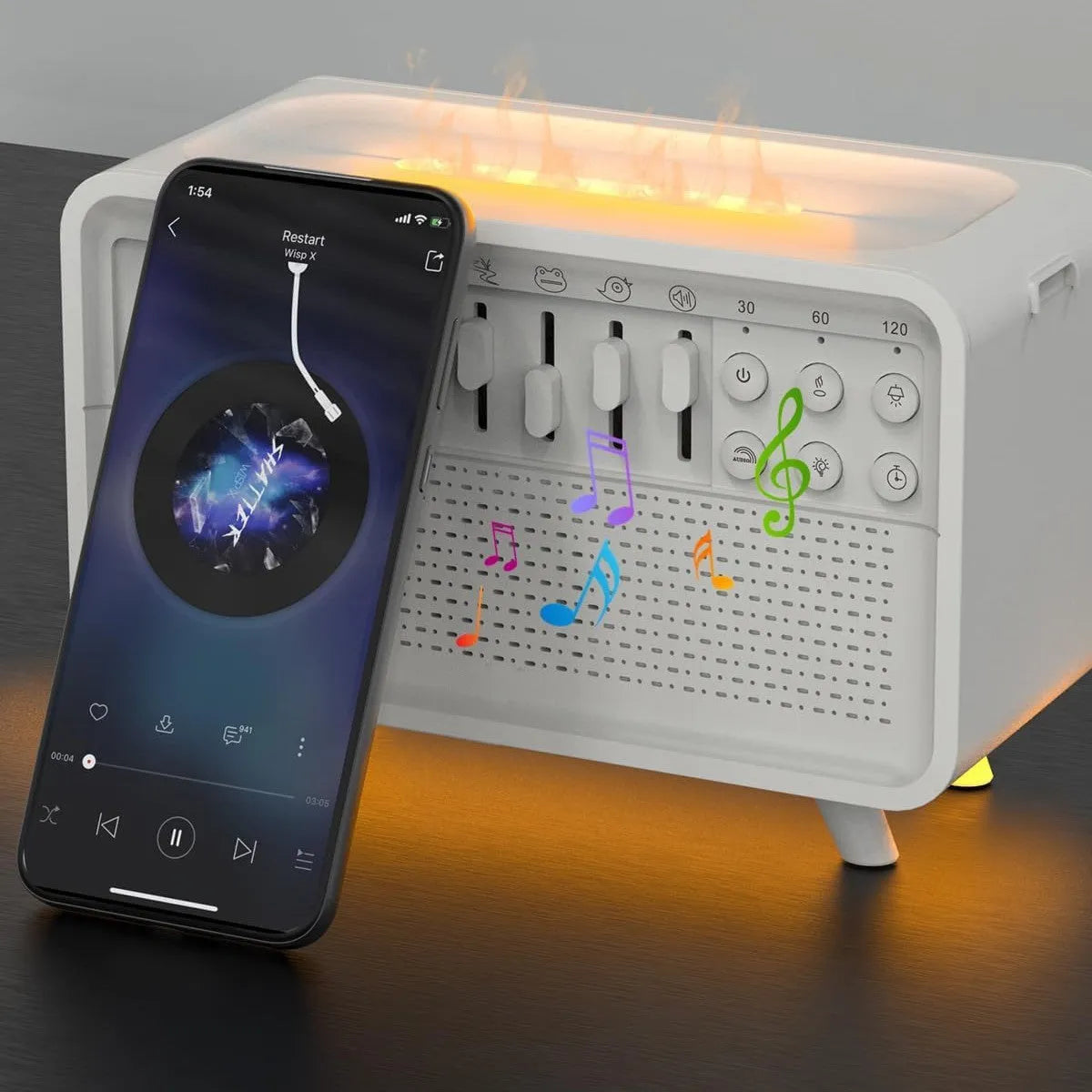 White geometric all-in-one Bluetooth speaker, humidifier, white noise machine and night light on a surface.