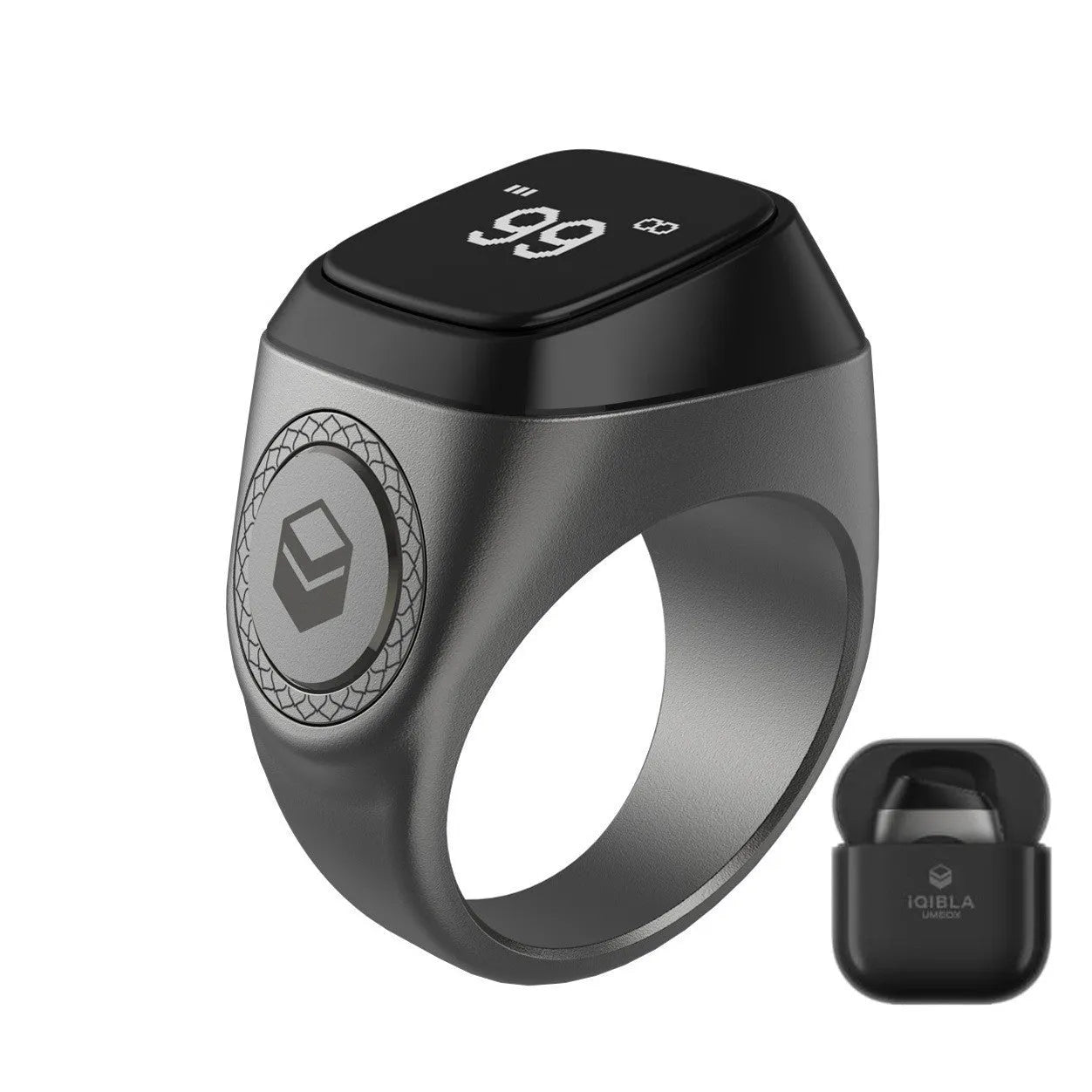 Zikr1 metal smart ring with OLED screen on a finger, showing tasbih count.