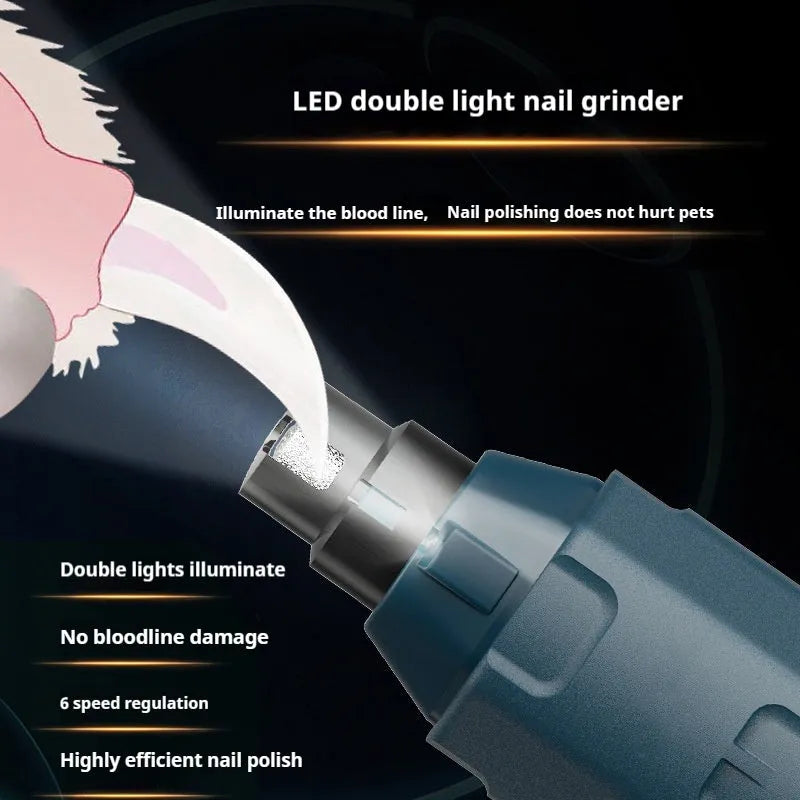 Dark blue automatic pet nail grinder with six-speed control knob and LED light