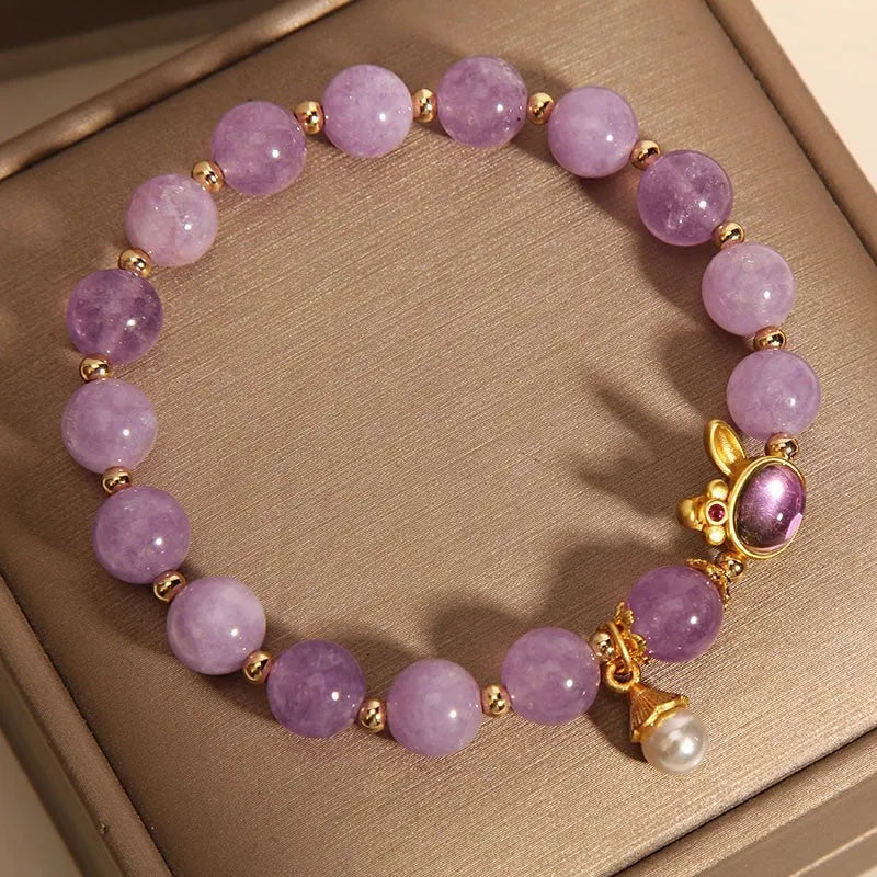Purplish red jade hare head crystal bracelet with adjustable design for wrist wear