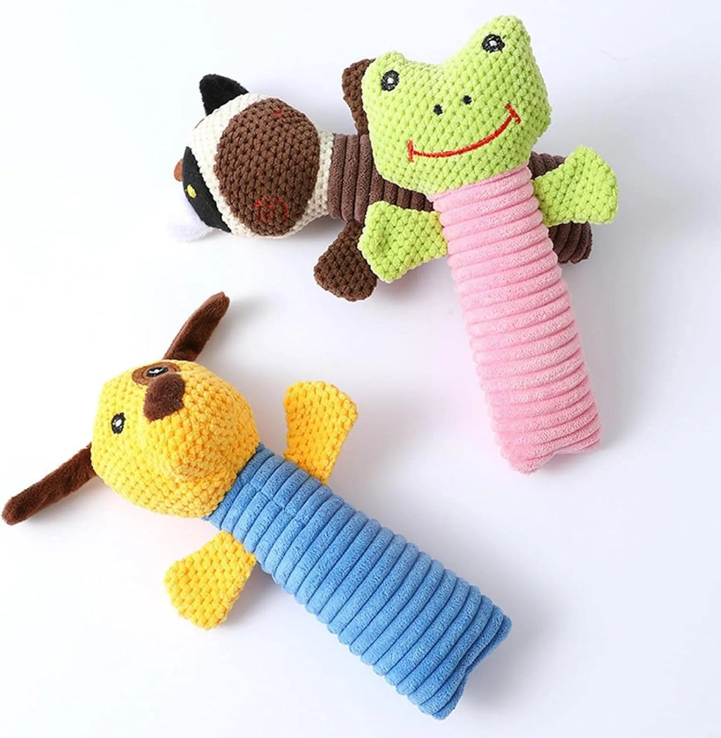 Squeaky stuffed calf, frog, or puppy dog chew toy for dental cleaning and teething relief.