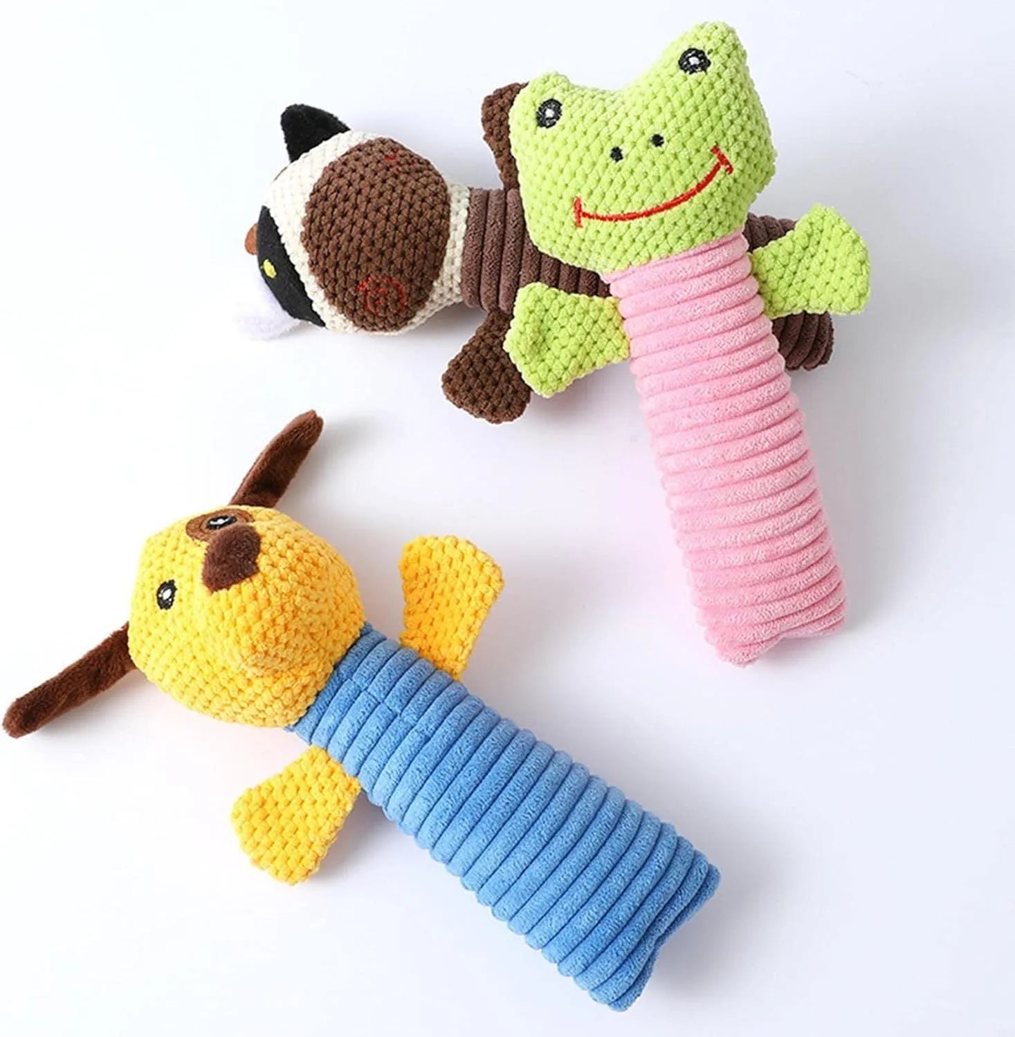 Squeaky stuffed calf, frog, or puppy dog chew toy for dental cleaning and teething relief.