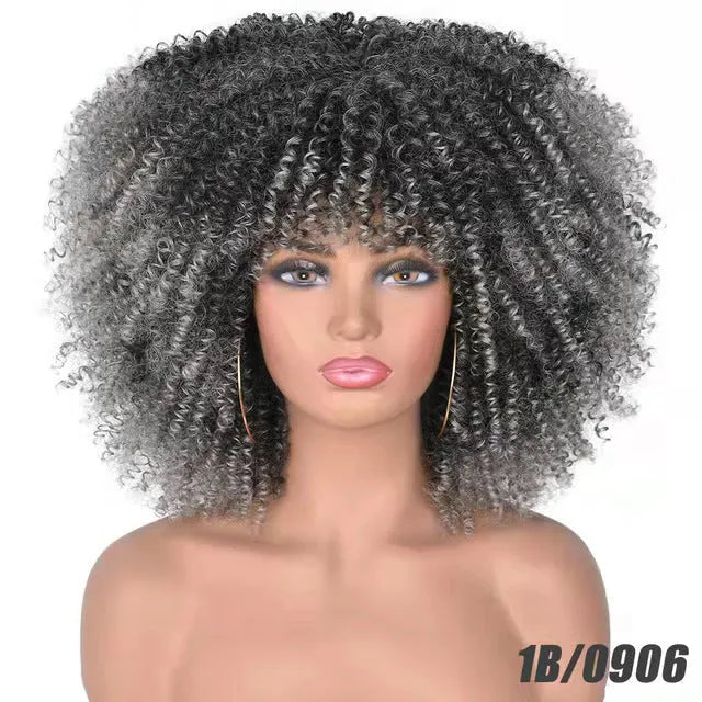 African small curly afro wig headgear in high temperature silk bangs type colour 1B