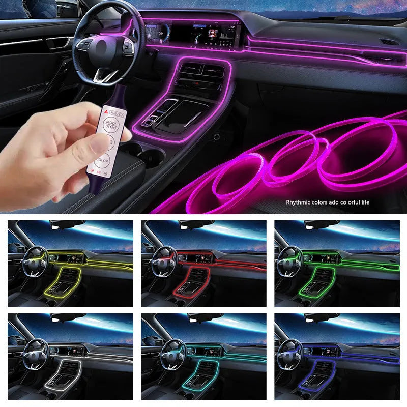 Car interior RGB LED ambient light strip with wireless remote, showing multiple colour options on a dashboard.