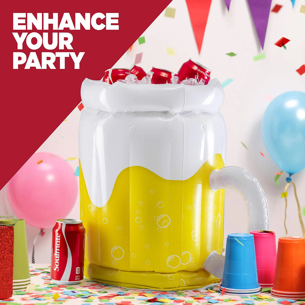 Large yellow inflatable beer mug shaped pool float drink cooler with ice compartment