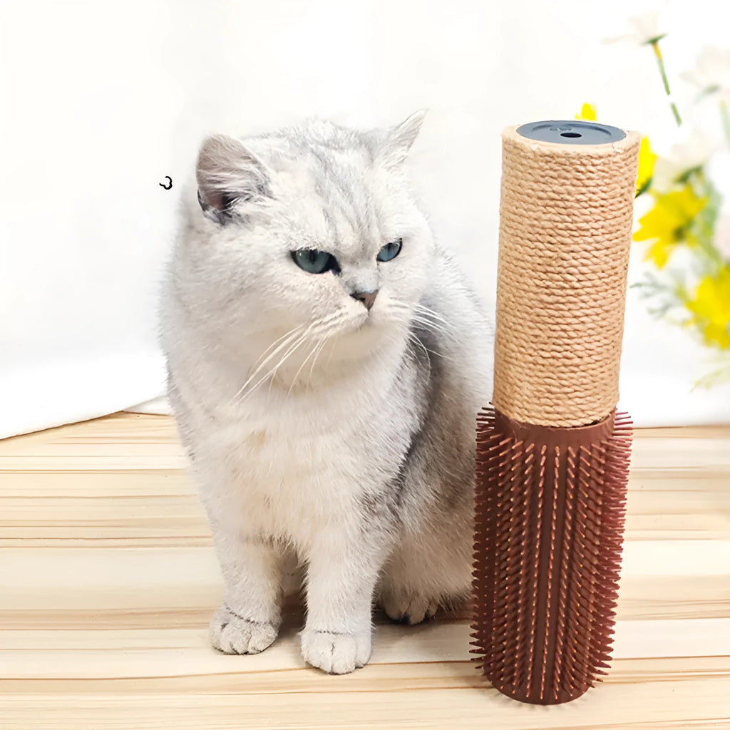 Brown sisal scratching post with face-rubbing device for cats, 30cm tall