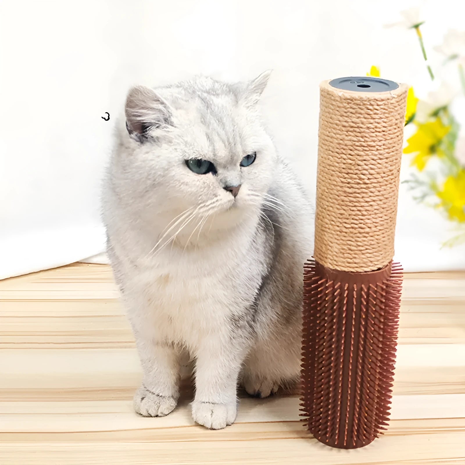 Brown sisal scratching post with face-rubbing device for cats, 30cm tall